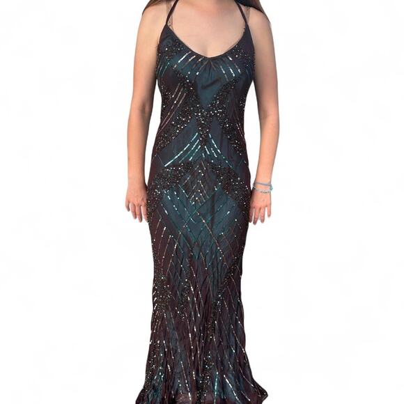 Vintage Scala Brown/Teal beaded, sequin prom dress READ MEASUREMENTS! Fairycore - Picture 1 of 8